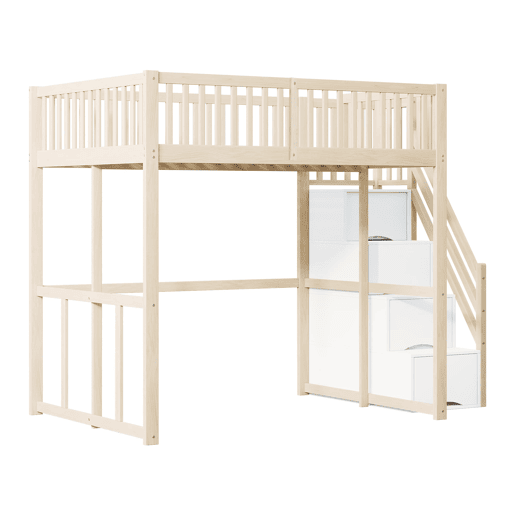 Cama alta 140x200 cm - Escada de segurança com arrumação, estrutura em pinho, cor madeira Cama alta 140x200 cm - Escada de segurança com arrumação, estrutura em pinho, cor madeira