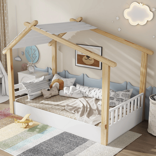 Cama infantil 90x200cm - Design de casa de madeira, ripas estáveis, design simples - Branco+Natural