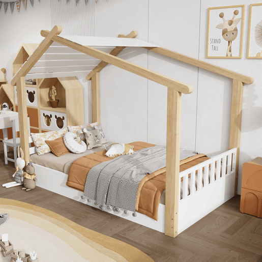 Cama infantil 90x200cm - Design de casa de madeira, ripas estáveis, design simples - Branco+Natural