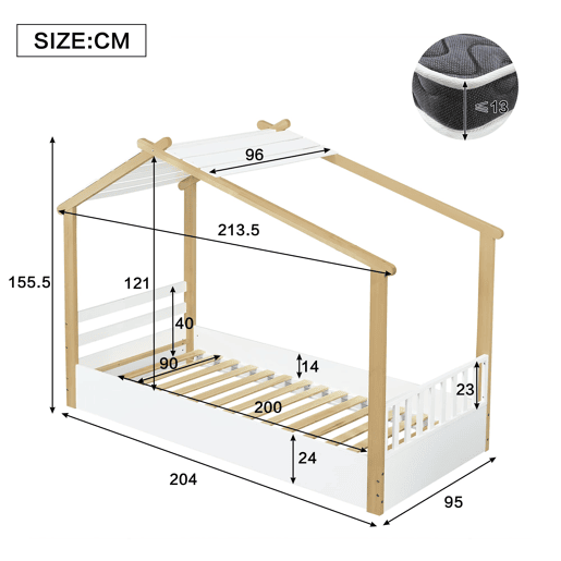 Cama infantil 90x200cm - Design de casa de madeira, ripas estáveis, design simples - Branco+Natural