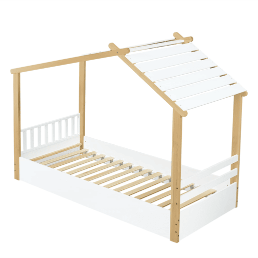 Cama infantil 90x200cm - Design de casa de madeira, ripas estáveis, design simples - Branco+Natural
