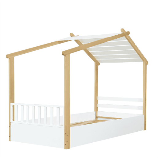 Cama infantil 90x200cm - Design de casa de madeira, ripas estáveis, design simples - Branco+Natural