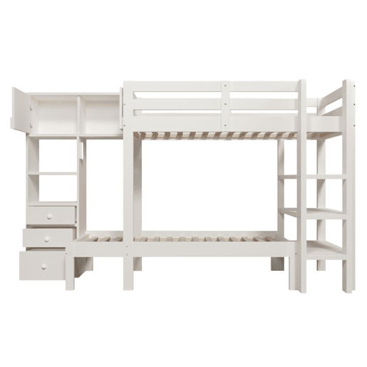 Cama beliche 90x200 cm - Luz noturna inteligente, design escalonado, com armário e estante - Branco