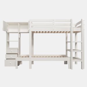 Cama beliche 90x200 cm - Luz noturna inteligente, design escalonado, com armário e estante - Branco