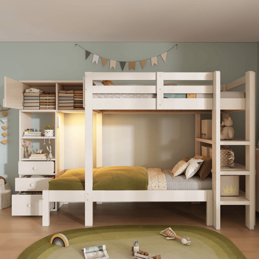 Cama beliche 90x200 cm - Luz noturna inteligente, design escalonado, com armário e estante - Branco