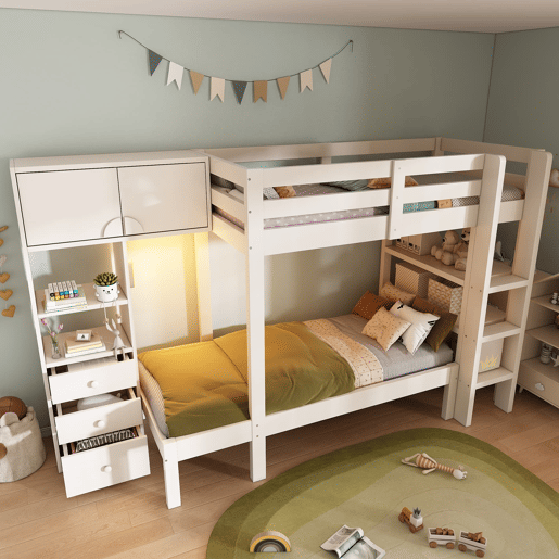 Cama beliche 90x200 cm - Luz noturna inteligente, design escalonado, com armário e estante - Branco