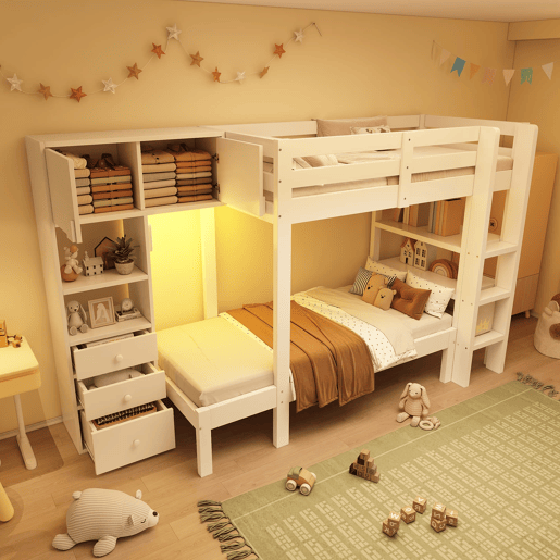 Cama beliche 90x200 cm - Luz noturna inteligente, design escalonado, com armário e estante - Branco