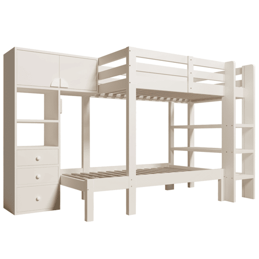 Cama beliche 90x200 cm - Luz noturna inteligente, design escalonado, com armário e estante - Branco