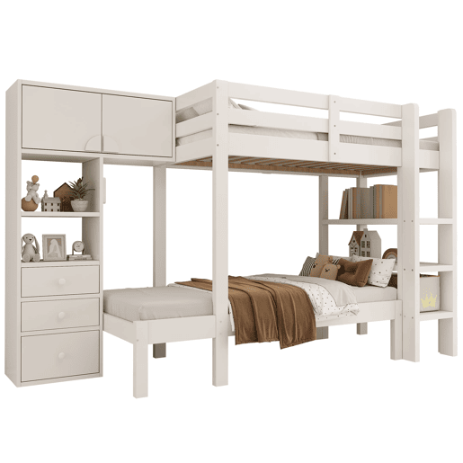Cama beliche 90x200 cm - Luz noturna inteligente, design escalonado, com armário e estante - Branco