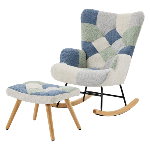 Poltrona Relax com apoio para os pés - Poltrona moderna em tecido - Patchwork Houndstooth - Bege+Azul Poltrona Relax com apoio para os pés - Poltrona moderna em tecido - Patchwork Houndstooth - Bege+Azul