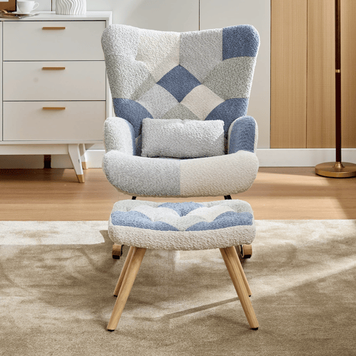 Poltrona Relax com apoio para os pés - Poltrona moderna em tecido - Patchwork Houndstooth - Bege+Azul Poltrona Relax com apoio para os pés - Poltrona moderna em tecido - Patchwork Houndstooth - Bege+Azul