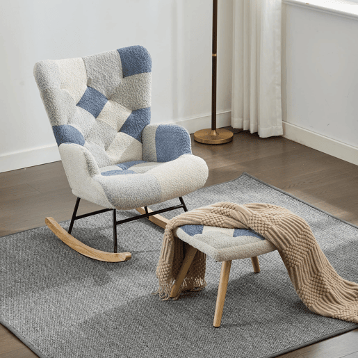Poltrona Relax com apoio para os pés - Poltrona moderna em tecido - Patchwork Houndstooth - Bege+Azul Poltrona Relax com apoio para os pés - Poltrona moderna em tecido - Patchwork Houndstooth - Bege+Azul