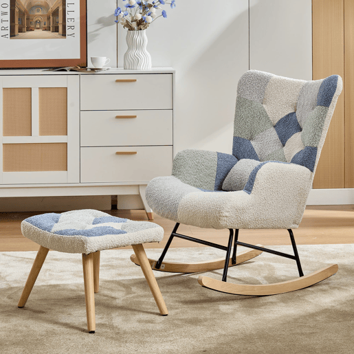 Poltrona Relax com apoio para os pés - Poltrona moderna em tecido - Patchwork Houndstooth - Bege+Azul Poltrona Relax com apoio para os pés - Poltrona moderna em tecido - Patchwork Houndstooth - Bege+Azul