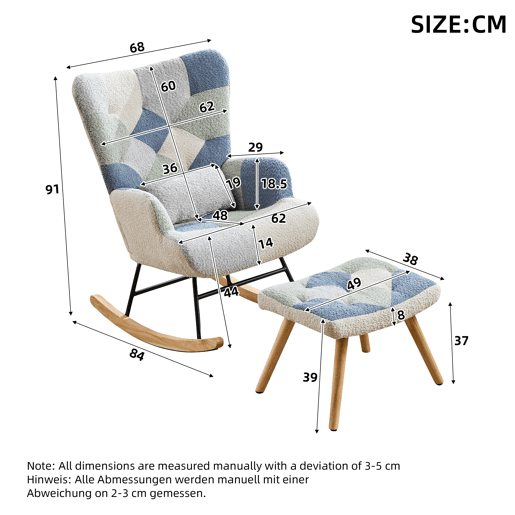 Poltrona Relax com apoio para os pés - Poltrona moderna em tecido - Patchwork Houndstooth - Bege+Azul Poltrona Relax com apoio para os pés - Poltrona moderna em tecido - Patchwork Houndstooth - Bege+Azul