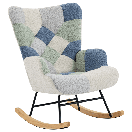 Poltrona Relax com apoio para os pés - Poltrona moderna em tecido - Patchwork Houndstooth - Bege+Azul Poltrona Relax com apoio para os pés - Poltrona moderna em tecido - Patchwork Houndstooth - Bege+Azul
