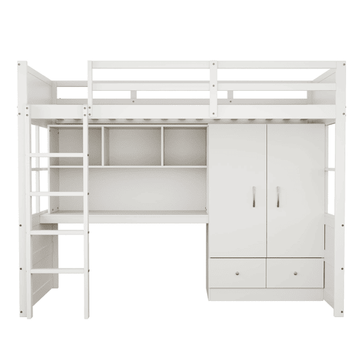 Cama alta 90x200 cm - Com escada, secretária com arrumação, armário e gavetas - Branco