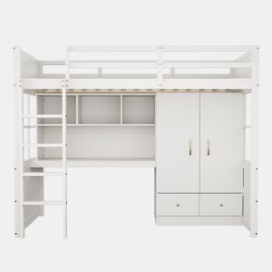 Cama alta 90x200 cm - Com escada, secretária com arrumação, armário e gavetas - Branco