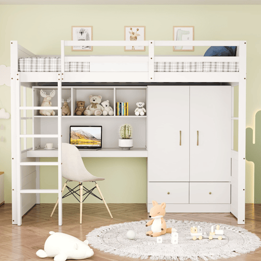 Cama alta 90x200 cm - Com escada, secretária com arrumação, armário e gavetas - Branco