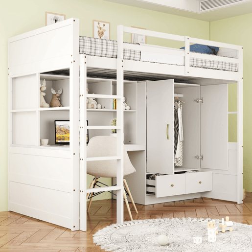 Cama alta 90x200 cm - Com escada, secretária com arrumação, armário e gavetas - Branco