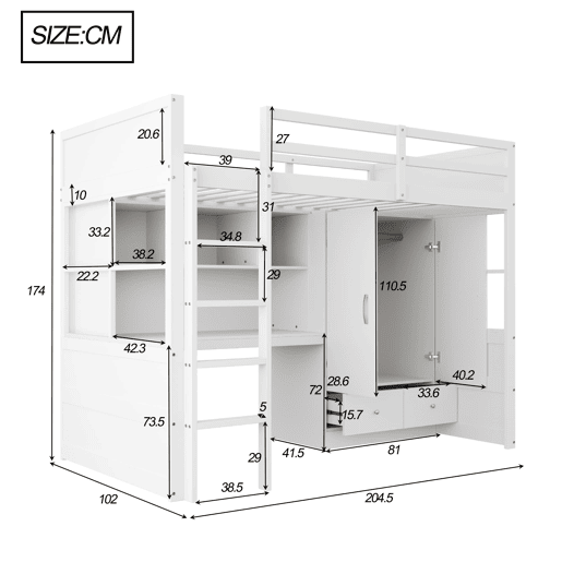 Cama alta 90x200 cm - Com escada, secretária com arrumação, armário e gavetas - Branco