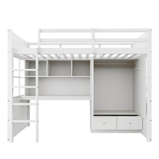 Cama alta 90x200 cm - Com escada, secretária com arrumação, armário e gavetas - Branco