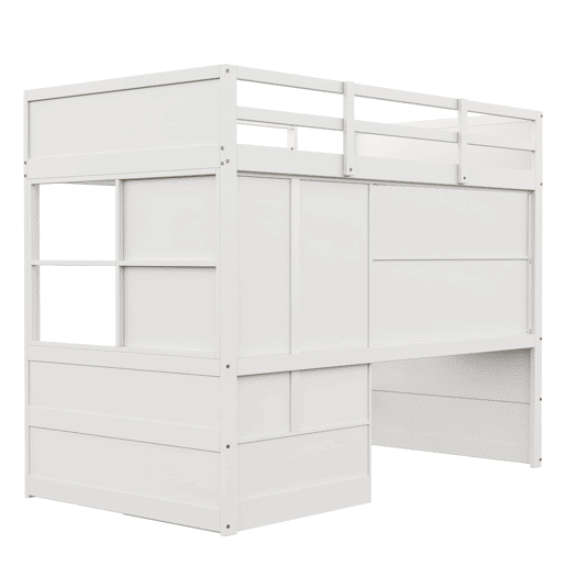 Cama alta 90x200 cm - Com escada, secretária com arrumação, armário e gavetas - Branco