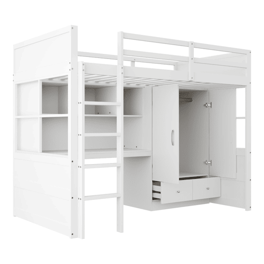 Cama alta 90x200 cm - Com escada, secretária com arrumação, armário e gavetas - Branco