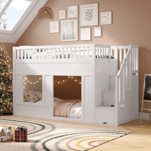 Cama infantil, beliche (90 x 200 cm), cama alta, multifuncional com armário com escada, espaço conversível na parte inferior, branca Cama infantil, beliche (90 x 200 cm), cama alta, multifuncional com armário com escada, espaço conversível na parte inferior, branca
