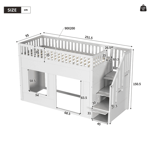 Cama infantil, beliche (90 x 200 cm), cama alta, multifuncional com armário com escada, espaço conversível na parte inferior, branca Cama infantil, beliche (90 x 200 cm), cama alta, multifuncional com armário com escada, espaço conversível na parte inferior, branca