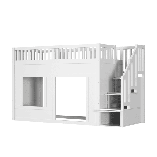 Cama infantil, beliche (90 x 200 cm), cama alta, multifuncional com armário com escada, espaço conversível na parte inferior, branca Cama infantil, beliche (90 x 200 cm), cama alta, multifuncional com armário com escada, espaço conversível na parte inferior, branca