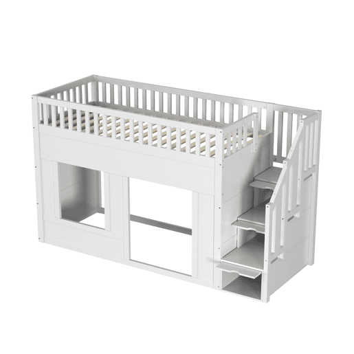 Cama infantil, beliche (90 x 200 cm), cama alta, multifuncional com armário com escada, espaço conversível na parte inferior, branca Cama infantil, beliche (90 x 200 cm), cama alta, multifuncional com armário com escada, espaço conversível na parte inferior, branca