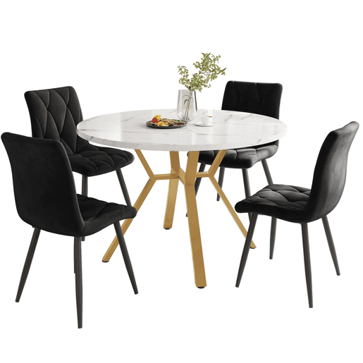 Conjunto de mesa e cadeiras 5 peças - Mesa redonda de mármore, pernas metálicas douradas, 4 cadeiras ergonómicas de veludo - Preto, Dourado