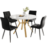 Conjunto de mesa e cadeiras 5 peças - Mesa redonda de mármore, pernas metálicas douradas, 4 cadeiras ergonómicas de veludo - Preto, Dourado
