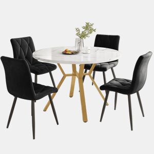Conjunto de mesa e cadeiras 5 peças - Mesa redonda de mármore, pernas metálicas douradas, 4 cadeiras ergonómicas de veludo - Preto, Dourado