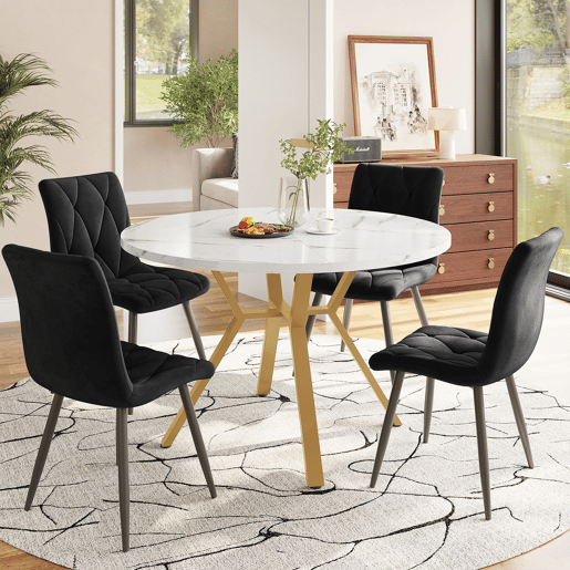 Conjunto de mesa e cadeiras 5 peças - Mesa redonda de mármore, pernas metálicas douradas, 4 cadeiras ergonómicas de veludo - Preto, Dourado