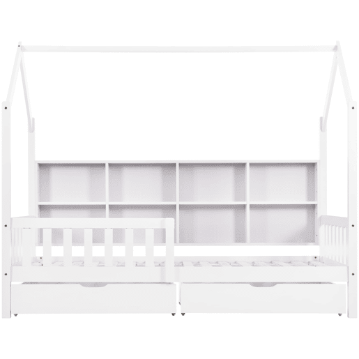 Cama tipo casa 90x200 cm - Estante multifuncional, gavetas grandes, design de chaminé - Branco