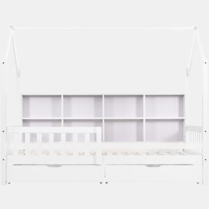 Cama tipo casa 90x200 cm - Estante multifuncional, gavetas grandes, design de chaminé - Branco