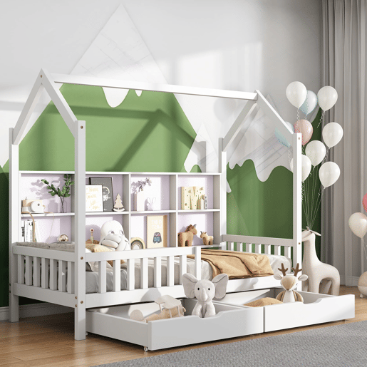 Cama tipo casa 90x200 cm - Estante multifuncional, gavetas grandes, design de chaminé - Branco