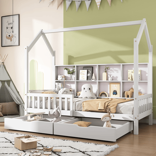 Cama tipo casa 90x200 cm - Estante multifuncional, gavetas grandes, design de chaminé - Branco