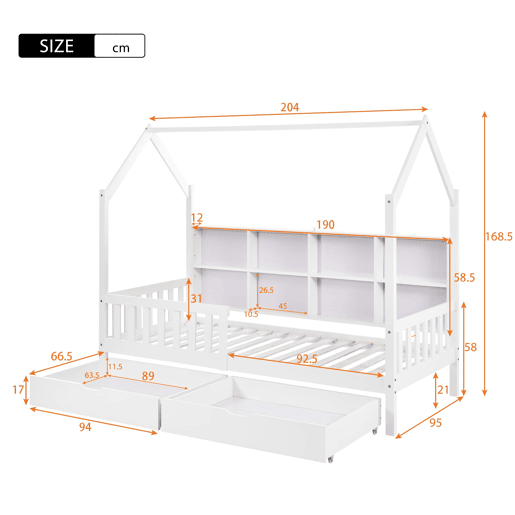 Cama tipo casa 90x200 cm - Estante multifuncional, gavetas grandes, design de chaminé - Branco
