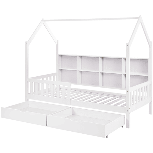 Cama tipo casa 90x200 cm - Estante multifuncional, gavetas grandes, design de chaminé - Branco