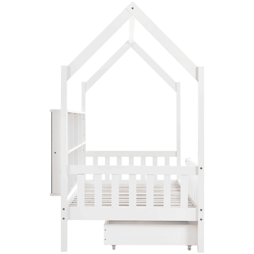 Cama tipo casa 90x200 cm - Estante multifuncional, gavetas grandes, design de chaminé - Branco
