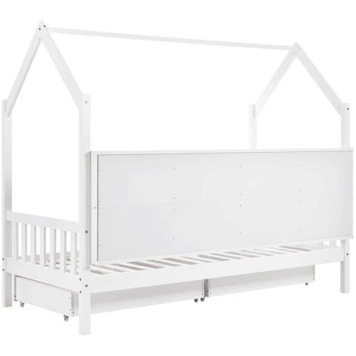 Cama tipo casa 90x200 cm - Estante multifuncional, gavetas grandes, design de chaminé - Branco