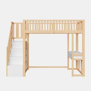 Cama alta 90x200 cm - Mesa multifuncional, escada de armazenamento segura - Branco e carvalho claro