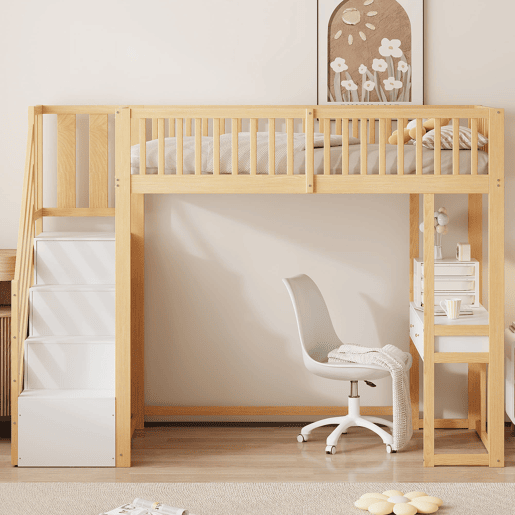 Cama alta 90x200 cm - Mesa multifuncional, escada de armazenamento segura - Branco e carvalho claro