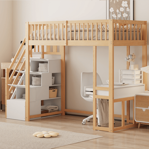 Cama alta 90x200 cm - Mesa multifuncional, escada de armazenamento segura - Branco e carvalho claro