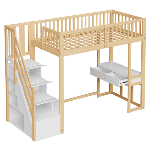 Cama alta 90x200 cm - Mesa multifuncional, escada de armazenamento segura - Branco e carvalho claro