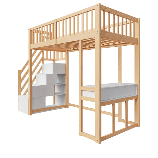 Cama alta 90x200 cm - Mesa multifuncional, escada de armazenamento segura - Branco e carvalho claro