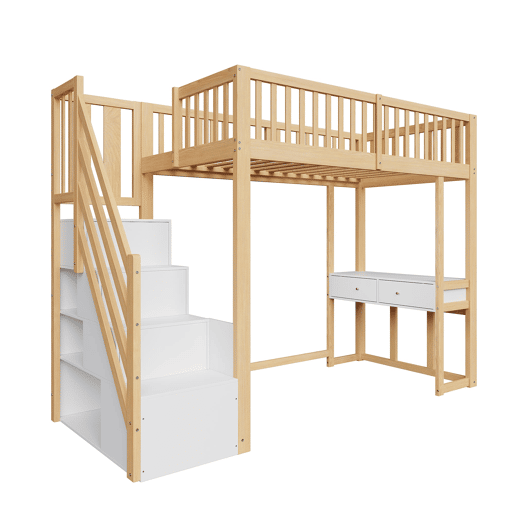 Cama alta 90x200 cm - Mesa multifuncional, escada de armazenamento segura - Branco e carvalho claro