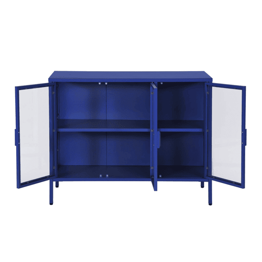 Aparador industrial de metal e vidro temperado 3 portas, 100cm, Arkansas, Azul, 100x35x80 cm